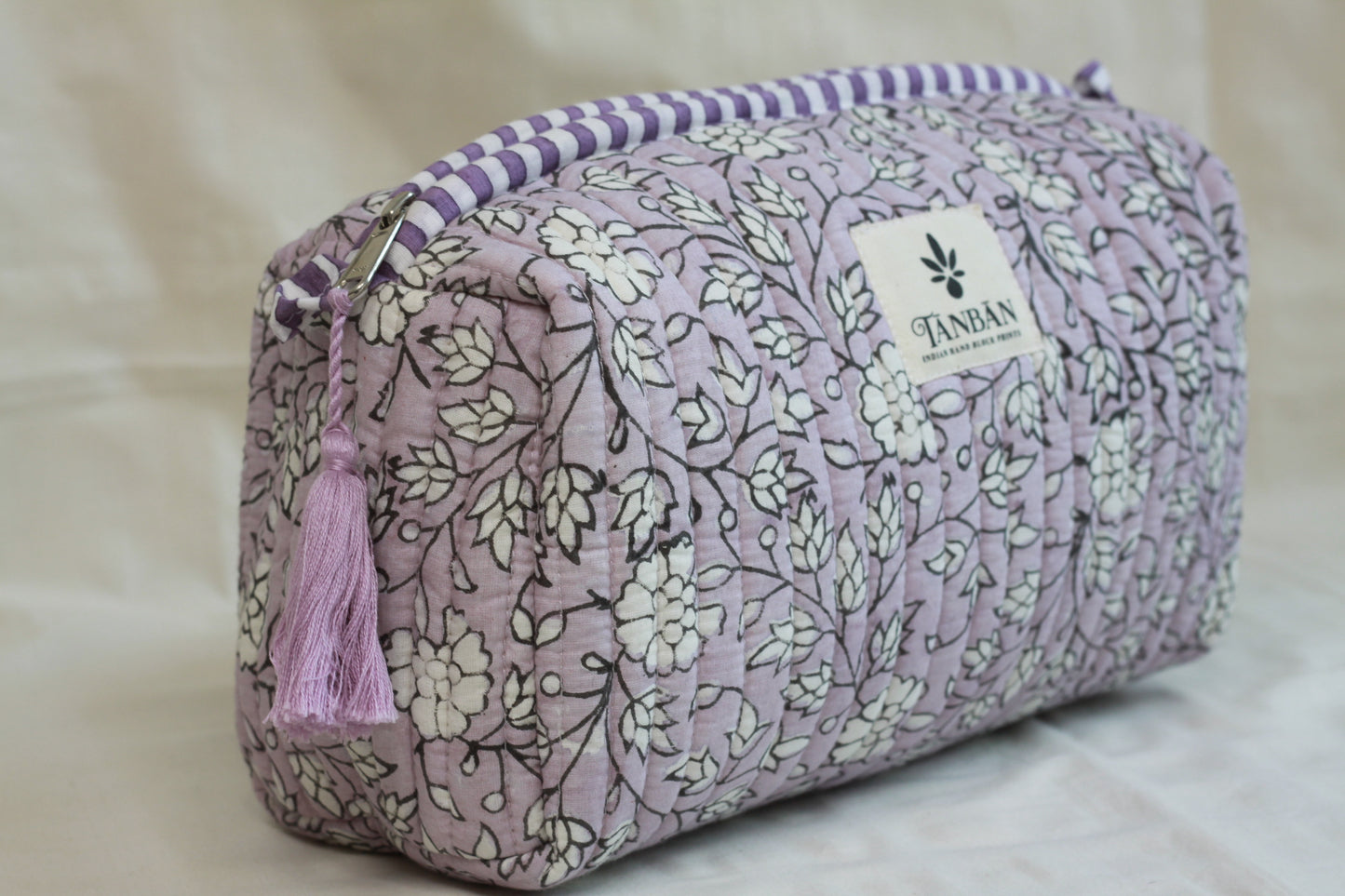 Floral patterned Hand Block printed pouch with a tassel, proudly designed for TANBAN - heritage petals